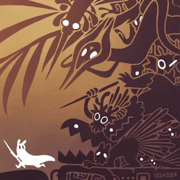 Various creatures from Chimney Canopy, including scavengers, lizards, noodle flies and a king vulture, chase the slugcat; it and their eyes are white on a predominantly golden, brown and tan piece.