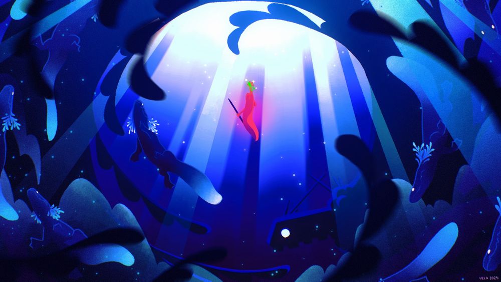 The hunter, a red slugcat, swims up towards the surface light while holding a spear and the green neuron fly. In the darkness below it swirl a leviathan and several salamanders, who frame the scene around their prey.