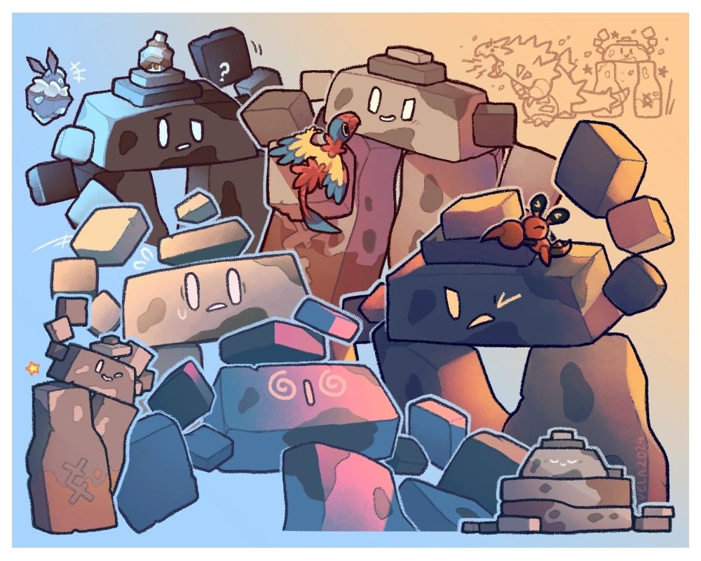 Various drawings of stonjourner and a few other pokemon under different lighting; from the top to the bottom and from left to right: stonjourner looking for carbink while carrying a nacli on its head, stonjourner holding an archen and smiling, another drawing of it motioning to the viewer to come over with a worried expression, stonjourner trying to get a dyeable stealing its stone hat off its head, a shiny stonjourner greeting the viewer, another fainting and finally a sleeping stonjourner looking like a cairn.