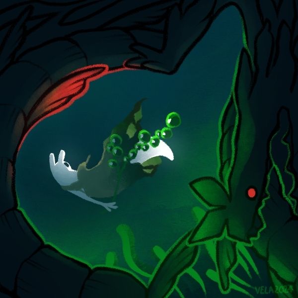 The survivor, a white slugcat, is swimming away wearing Moon's cloak and holding a bubble plant. The picture is framed by an eel lizard catching an aquapede (a water centipede), making Moon's silhouette with the negative space.