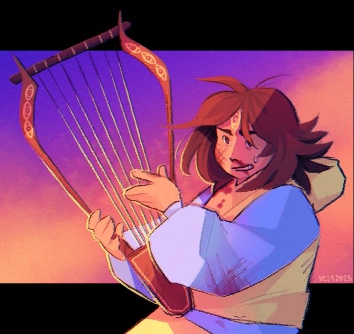 A bard with fluffy brown hair and a third eye tattooed on her forehead holds a barbiton lyre, looking strained from battle and slightly bloody. She still stands ready to cast a spell in front of sunset-colored skies.
