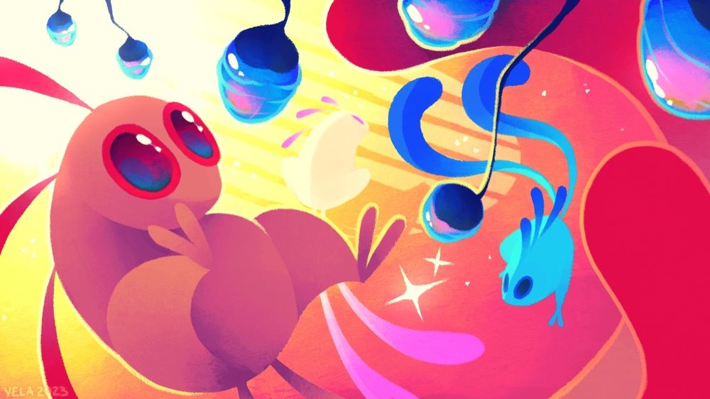 Three frog-like creatures (orange on the foreground, pink and blue on the background) are hanging out in a bright orange area; sunlight is poking through a window. The foreground one is bouncing at shiny blue fruits to try and catch them.