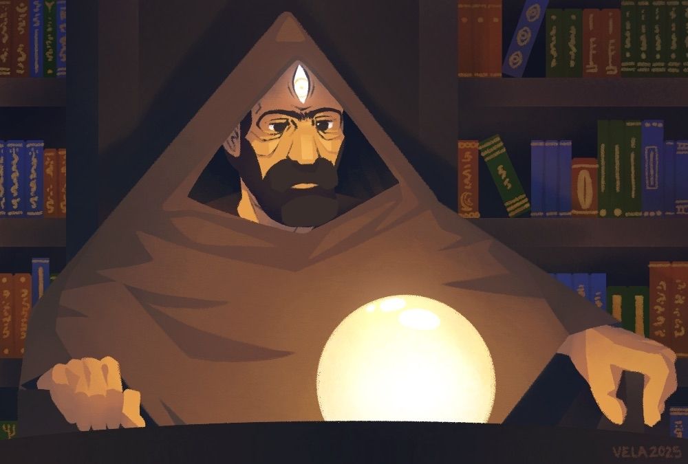 An older man with a shining third eye, a short dark beard and wearing a brown hood and robes gazes into a crystal ball from his chair in front of a library full of books. The pose and composition is a reference to the "Pondering my Orb" meme.