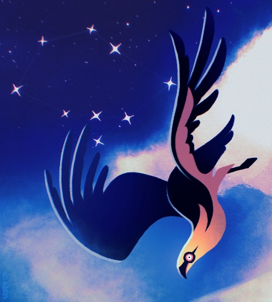 A bearded vulture soars above dusky clouds under the deep blue night sky. Beyond it shines the Sails constellation.
