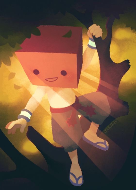A smiling, cube-headed but otherwise humanoid character climbs in tree branches as the sunbeams shine behind him. He's wearing baggy grey pants held by a red belt and is shirtless.