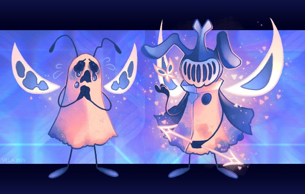 Whimsun and Whimsalot, bug-like monsters from Undertale, stand next to eachother in front of an abstract blue background. Whimsun is crying while holding its hands up in a pleading gesture, while Whimsalot holds its weapon horizontally in front of it with one hands and summons a butterfly with the other.