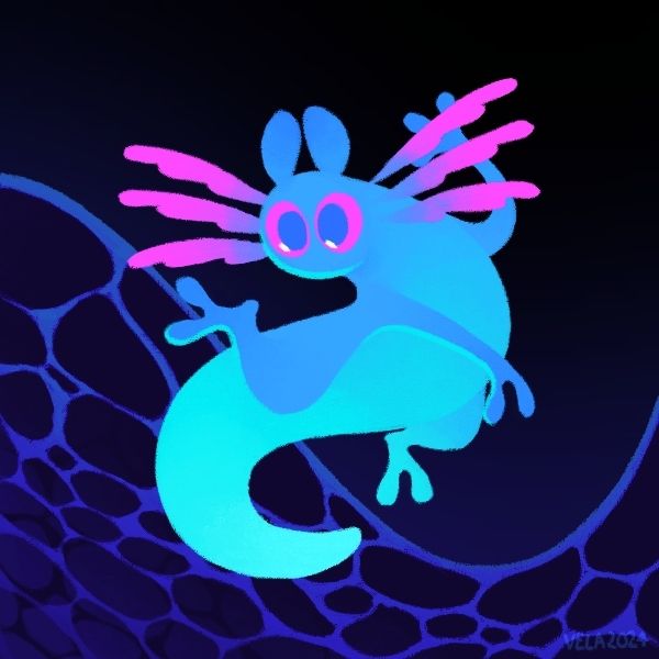 The Rivulet from Rainworld, a blue slugcat with pink gills and eyes. It curves and coils as if swimming in dark waters.