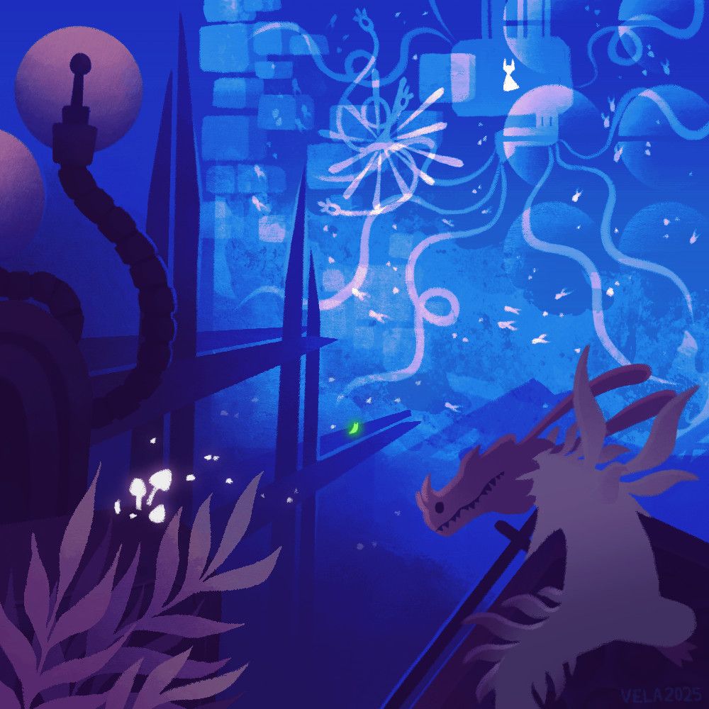 A fairy lizard looks at mushrooms, one of which lacks its cap and a good part of its stalk, from some perches in the Sky Islands. In the backgrounds, the spires of the Chimney Canopy can be seen, at the edge of which a green slugcat (implied to be Saint) can be seen gazing at what's beyond. A ghostly, see-through ghost of Five Pebbles in his prime stands above the ruins of the present.