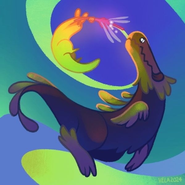 A slugcat and a lizard spinning around eachother in gusts of blue and green. The slugcat is holding a noodlefly and the lizard is looking intently at it while licking its lips.