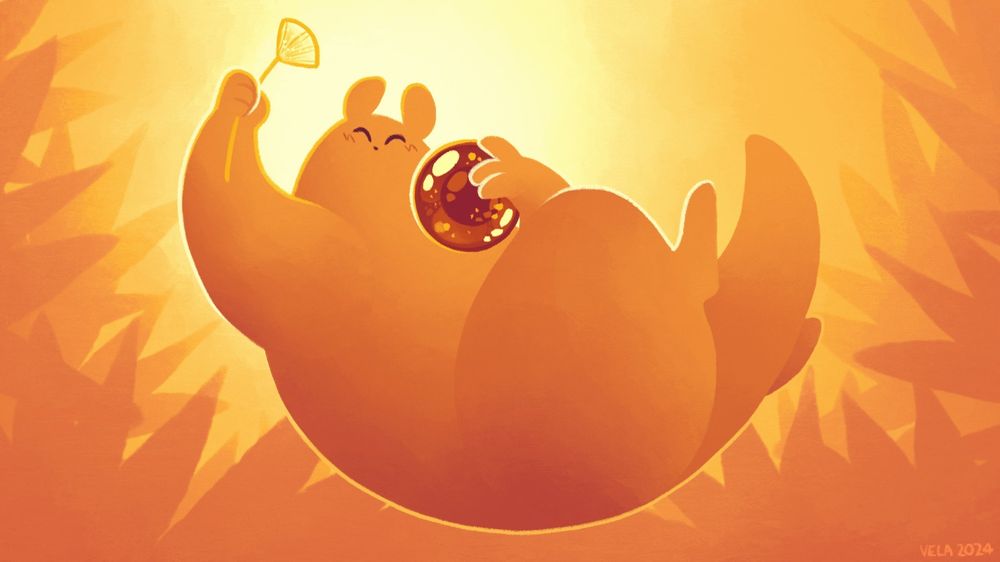 Gourmand, a fat peach-colored slugcat, holding a fire egg in its left hand and a karma flower in its outstretched right hand while falling towards the viewer. The sun shines in a warm yellow sky behind it, framed by orange grass.