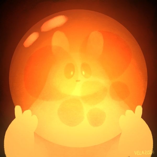 Gourmand, a fat slugcat, holding up a fire egg to its face while facing the viewer. Its face can be seen through the orange ball of fire.