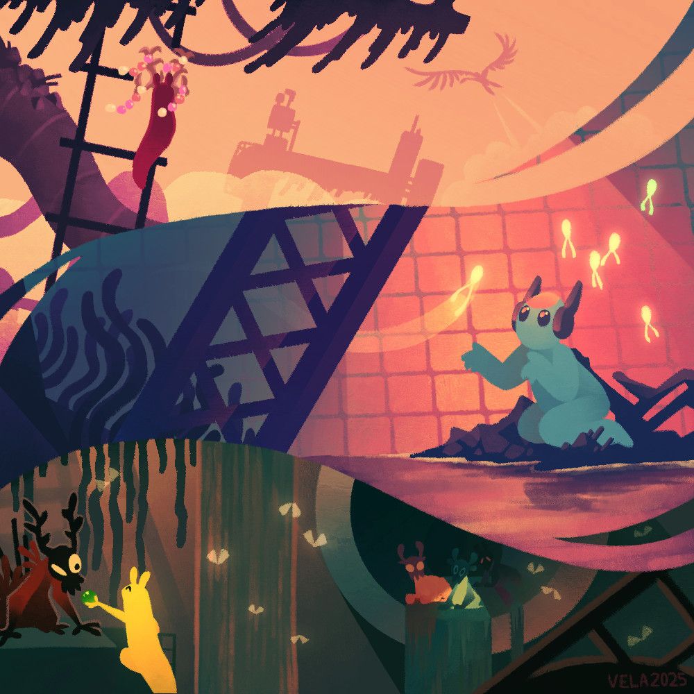 The picture is divided in three parts on top of eachother; above, in sunset orange colors, the Artificer is gazing at the ruins of the Precipice from a pole ladder while a vulture flies into the skies. In the middle, with pink and blue tones, Moon is recieving a neuron from someone that's out of view. And below, mostly in brown and green, monk is offering an emerald pearl to a scavenger in the drainage system while others of its kin watch from afar.