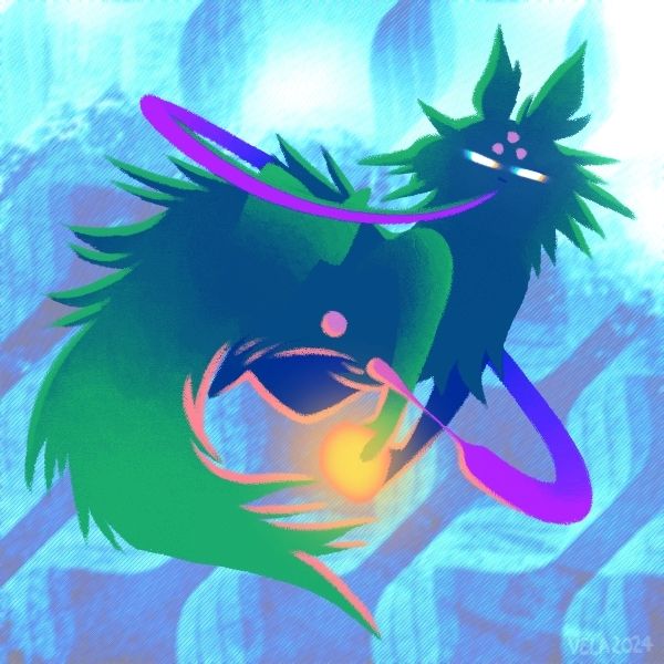 The Saint, a furry green slugcat with closed eyes, on a cold-colored abstract background. Its long tongue spins around its body, while it holds a lantern below itself in its hands.