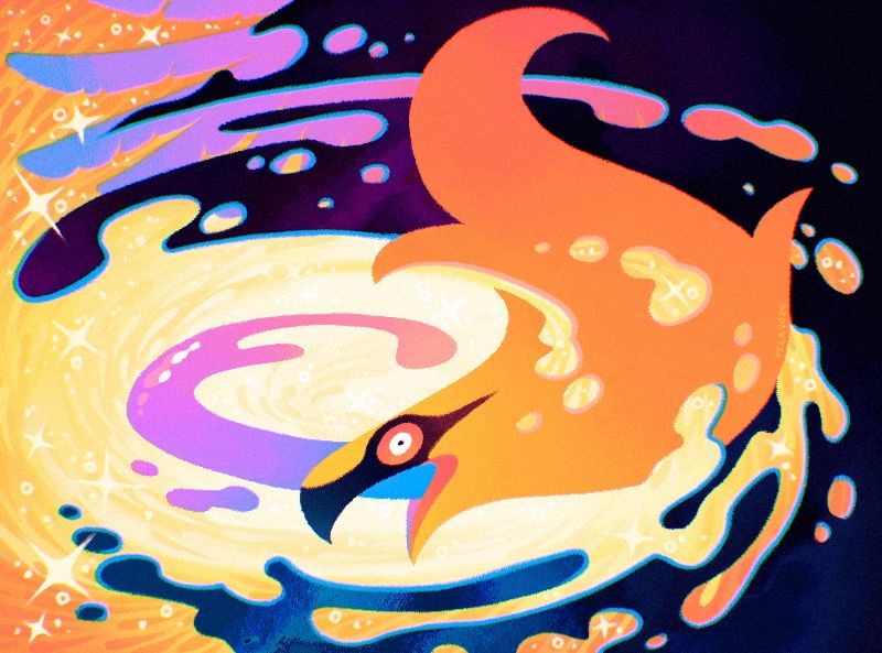 An abstract painting of a stylized bearded vulture throwing up blue acid. The outlines of its dark body seem to disintegrate into a vibrant orange background that sparkles and spins with sunlike patterns. It could also be interpreted as said orange patterns splashing onto the bird if the dark body is seen as the background instead.