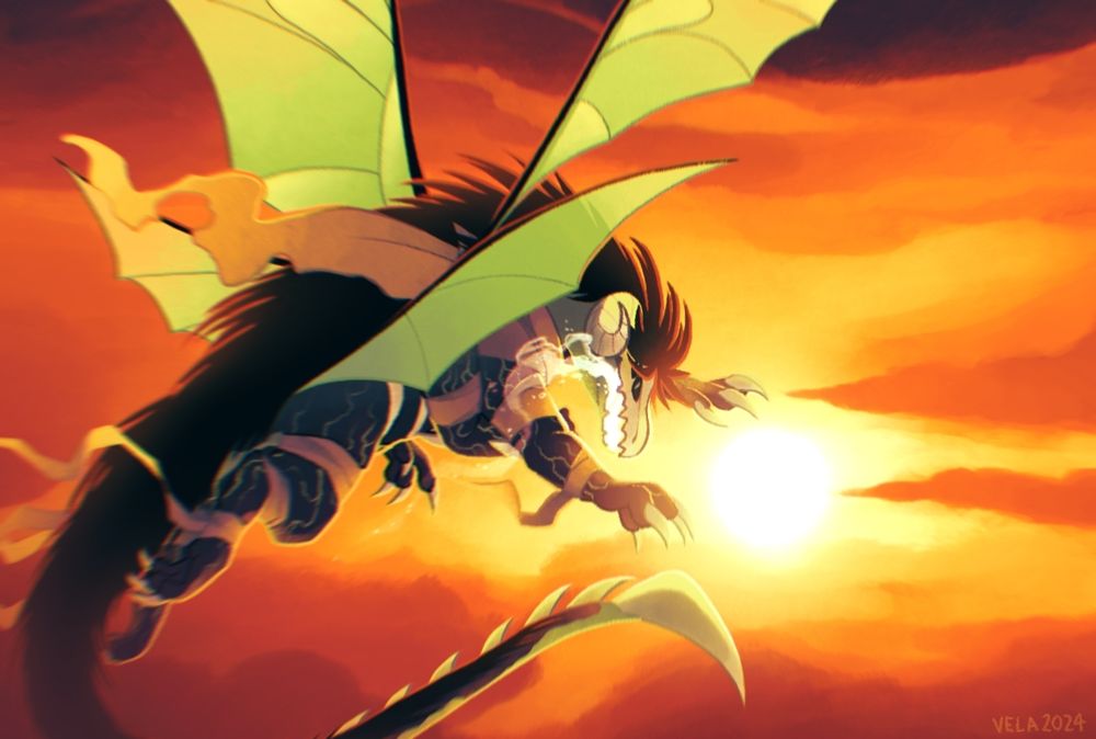 A dragon lich with four arms and green translucent wings flies into a sunset; its body is predominantly brown with a green underside and bony details such as a bare skull with ram horns and a spiked tail. Its dark hair runs from its forehead to the tip of its tail, and fabric is haphazardly wrapped around its neck and limbs. 
It looks back at the viewer from the corner of two of its eyes on the side of its face as icy breath escapes its jaws.
