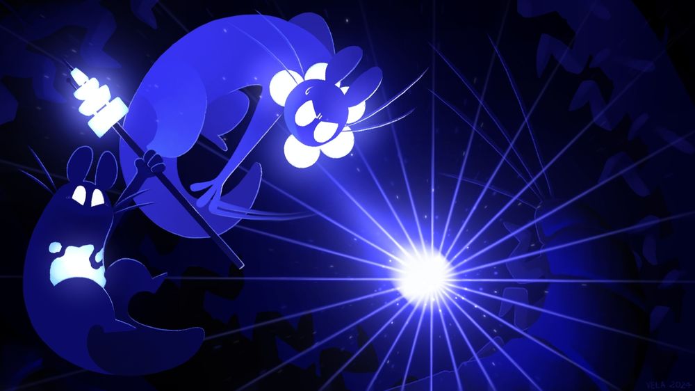 Two blue slugcats are fighting the Night Terror, a huge black centipede. One of them, the Photomaniac, on the left foreground is a dark navy blue with a white scar on its stomach. It holds up an electric spear and is cheering for its lighter-colored sibling, the Beacon, throwing one of the flashbangs around its neck at the centipede. The flashbang's explosion has rays like a star.