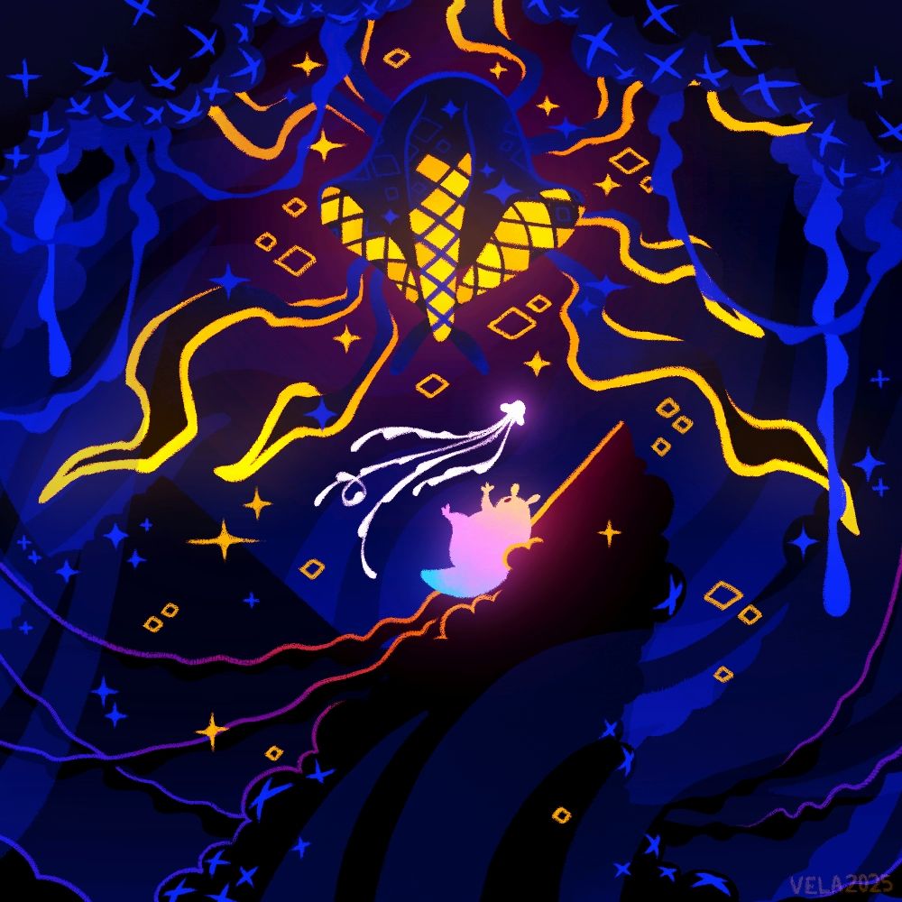 The Gourmand is lying down on ruins in the Rot, glowing in iridescent colors and playing or having just crafted a jellyfish. An Echo looks at it from above with a gentle glow. The scene is framed with the remains of Five Pebbles, lethargic rot tentacles, tubes and pipes falling apart, and smoke rising from the rubble.