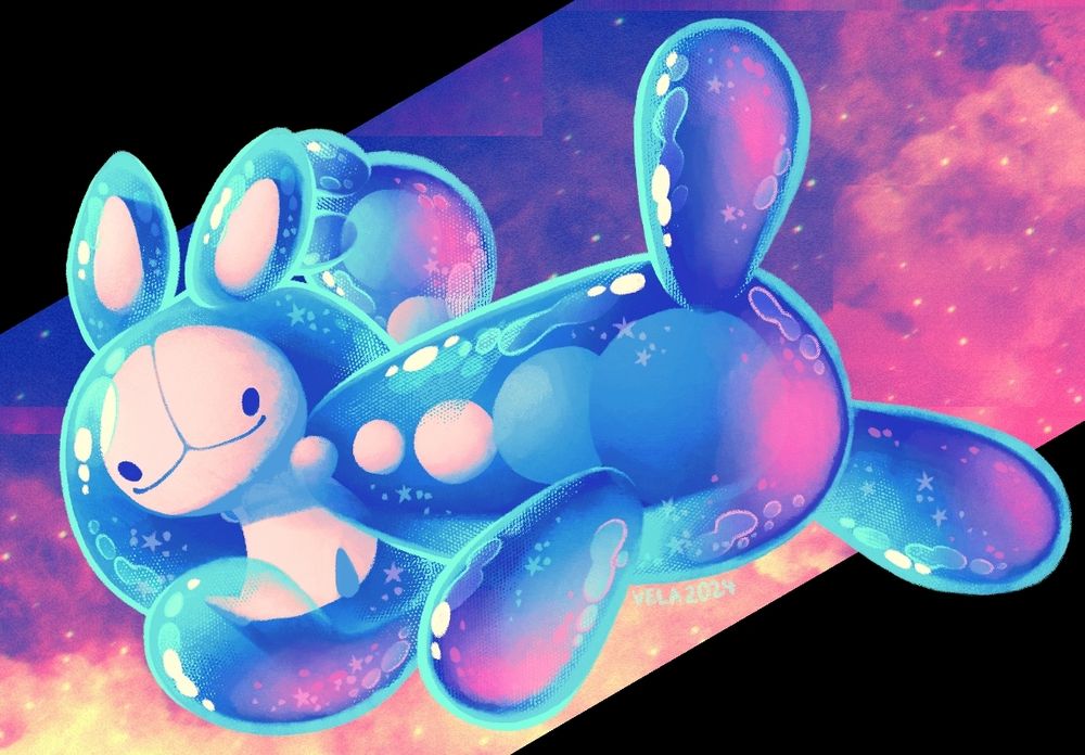 A shiny reuniclus winding up to punch the viewer; its blue body partially reflecting the pink and yellow dust clouds behind it, some of said reflections taking on the shape of stars. The space background has some glitch effects.