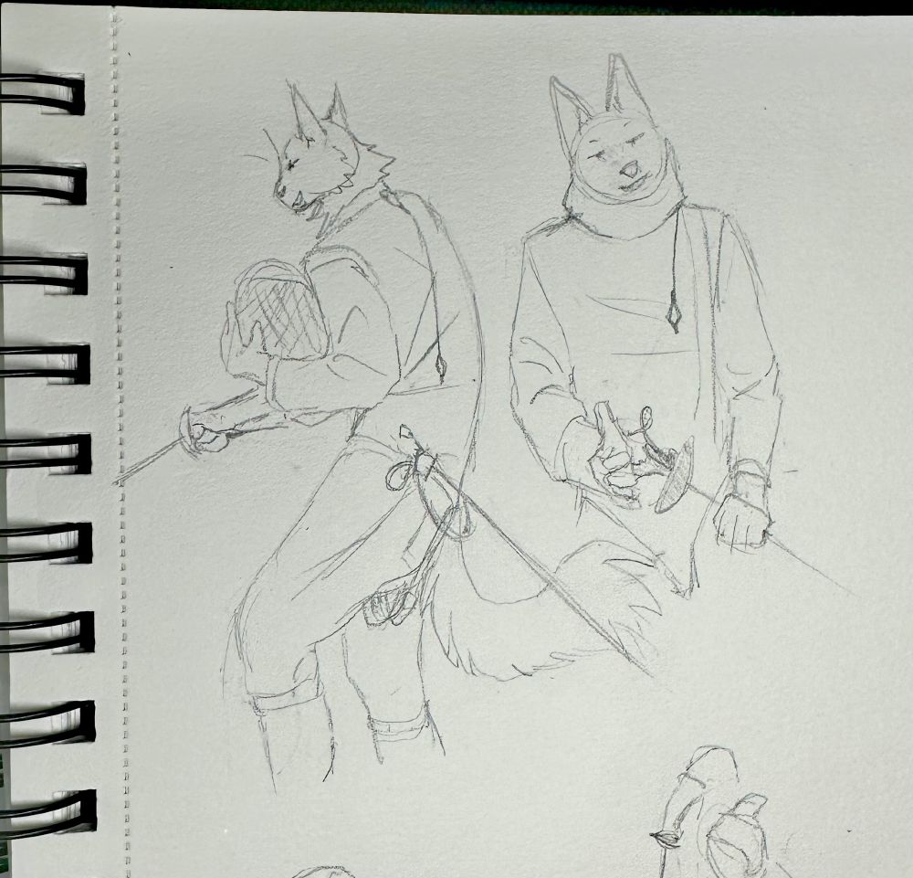 Line art pencil sketch of two furries in foil fencing gear. The one on the left is a long furred cat facing the left, holding a mask in their left elbow and holding out their foil as if to tap blades. The one on the right is a dog that could be a husky holding their foil with their left hand and holding out their right hand, as if to shake hands. 