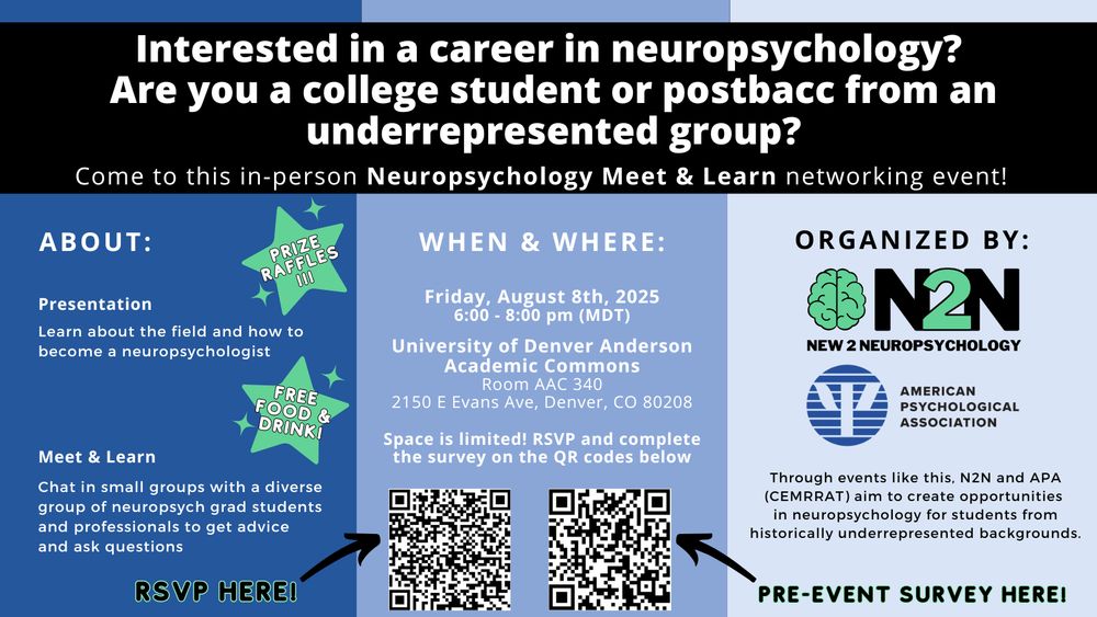Flyer for an in-person Neuropsychology Meet & Learn event for college students and postbaccs from underrepresented backgrounds. Event takes place Friday, August 8th, 2025, from 6:00–8:00 PM MDT at the University of Denver Anderson Academic Commons, Room AAC 340. Activities include a presentation on becoming a neuropsychologist and small group chats with diverse neuropsych grad students and professionals. Free food, drinks, and raffle prizes provided. RSVP and pre-event survey links are available via QR codes on the flyer. Event is organized by New2Neuropsychology (N2N) and the American Psychological Association.