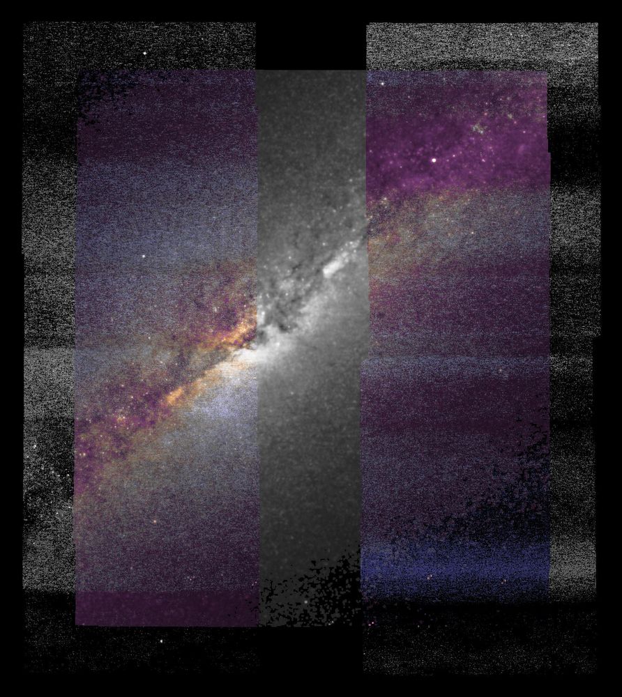 chatGPT: A high-resolution image of the galaxy NGC-891 captured by the JWST NIRCam. The image displays a central bright band where the galaxy's core is located, flanked by colorful regions showcasing shades of purple and black, with scattered white and gray star-like objects. The galaxy appears elongated and features a faint halo surrounding it, contributing to a striking cosmic composition against a dark background.