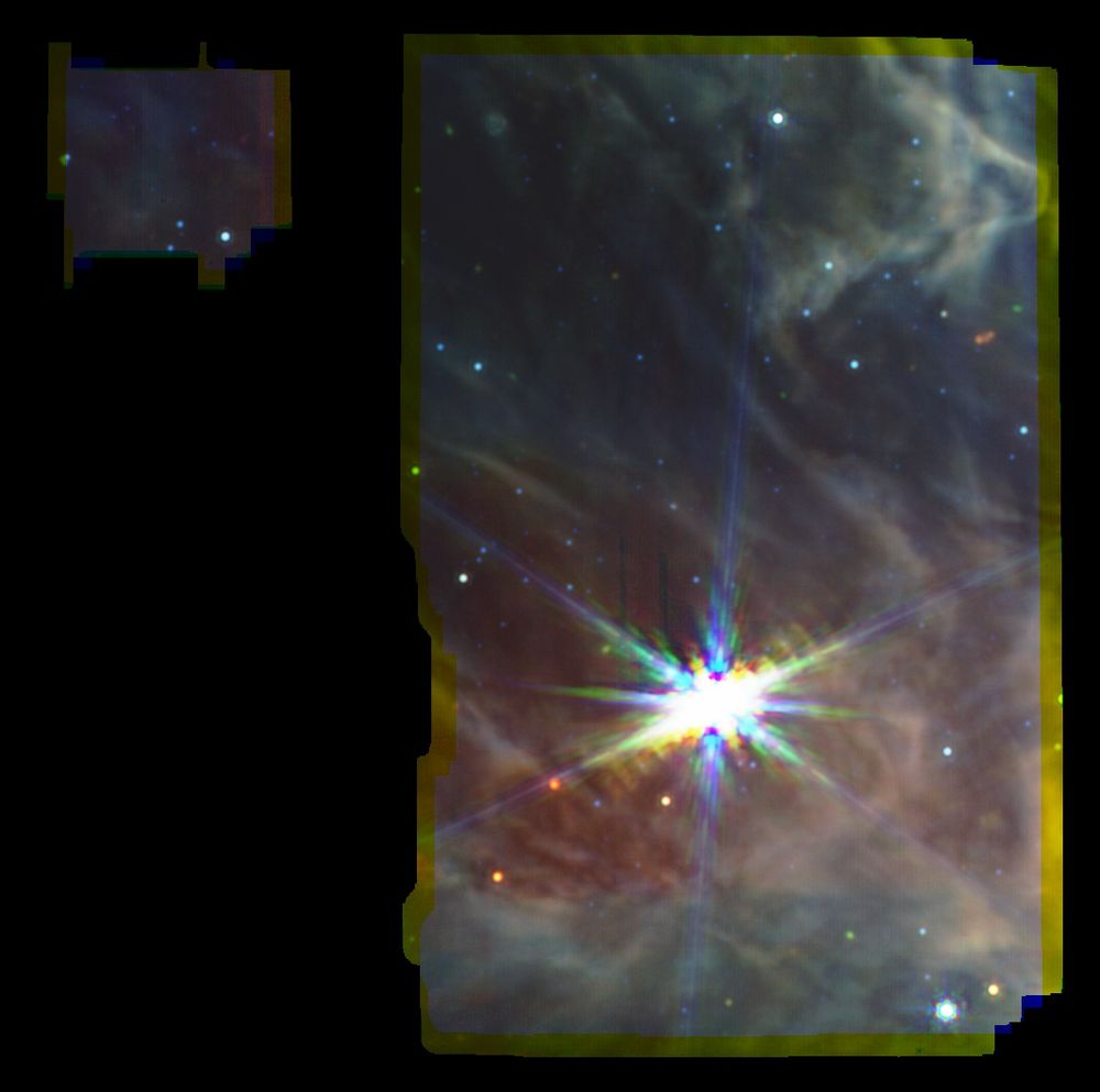 chatGPT: An image captured by the James Webb Space Telescope (JWST) MIRI, displaying the star WR137 amidst a colorful backdrop of cosmic dust and gas. The image is characterized by bright stars, intricate light patterns, and varied colors, highlighting the complex structure of the surrounding space. A smaller inset image is visible in the upper left corner, likely showing an additional view or detail of the region.