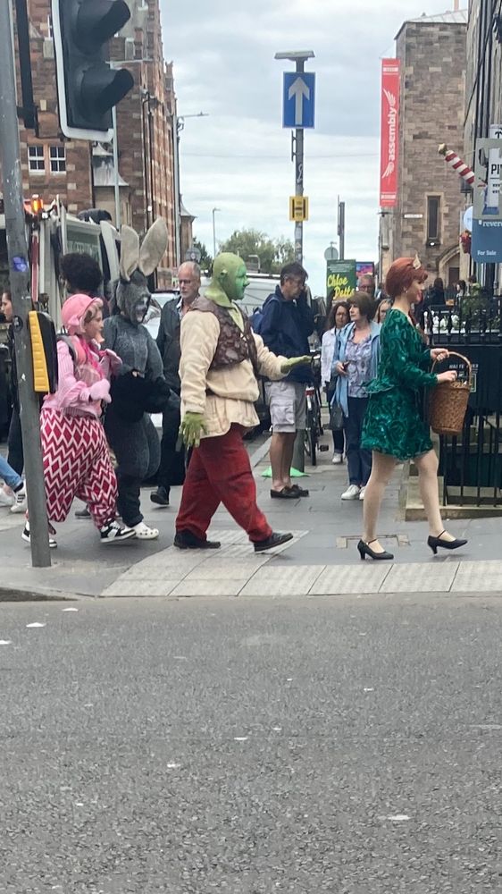 A vertical photograph of people walking taken from the other side of a road. The people are dressed as characters from shrek the musical. Left to right: little miss muffet (?), donkey wearing crocs, Shrek, Fiona in human form carrying a basket.