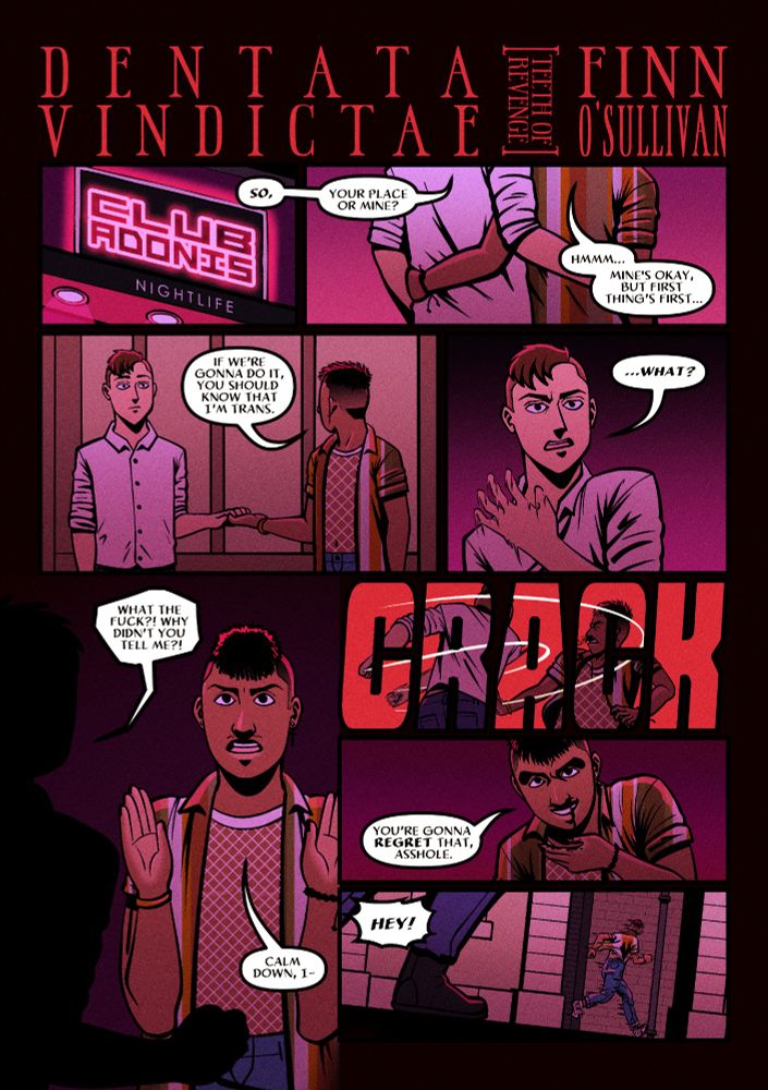 The opening page of a horror comic Finn created for the World Beyond the Veil zine. The comic is called "Dentata Vindictae".
