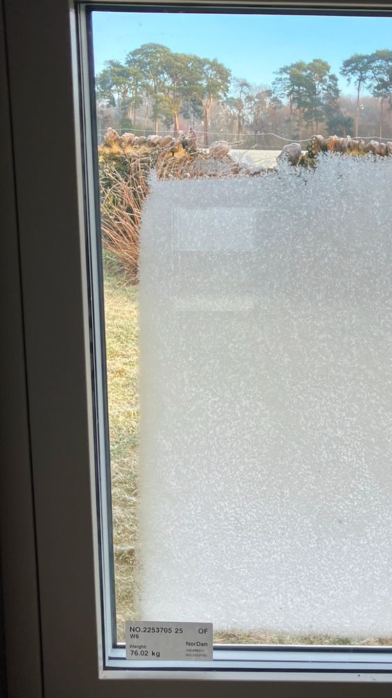 View through window to icy field and winter trees with ice crystals on exterior of window