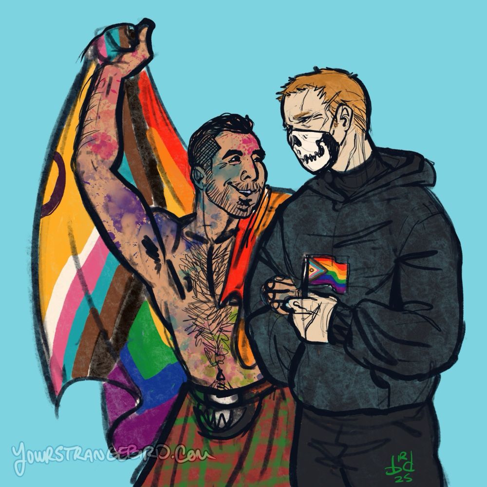 Ghost and Soap at pride, soap is shirtless and covered in paint with a big ol flag. Ghost is all gloomy in black. They're giving big gay older brother energy like you'll get a great pep talk about being yourself and shit. 