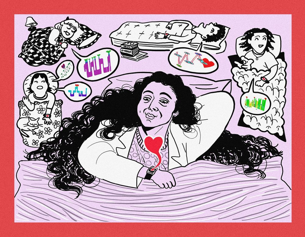 The illustration shows a woman lying in bed who is wearing a smartwatch. She is surrounded by smaller images of people lying in bed, all wearing smartwatches - there are speech bubbles containing data coming from these people, suggesting that they are speaking about their self-tracking data.