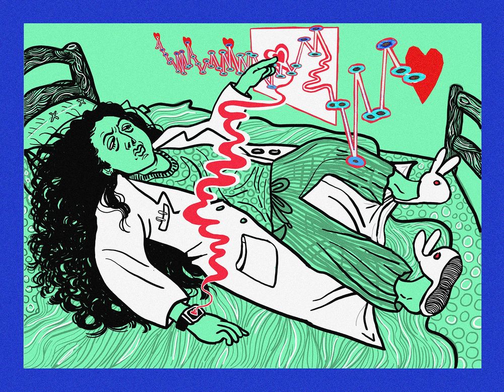 The illustration shows a woman lying in bed, wearing pyjamas and a lab coat. She is trying to make sense of data coming out of her smartwatch.