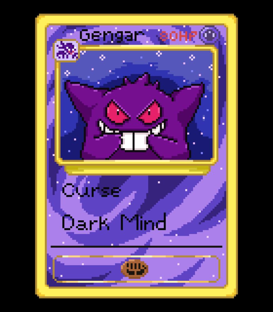 The picture shows a pixel art style of a simplified generation 1 Pokémon card, featuring Gengar. Gengar is a purple ghost Pokémon with spiky hair tufts and horns, with red eyes and a large smile. The background is various shades of purple in a miasma pattern.