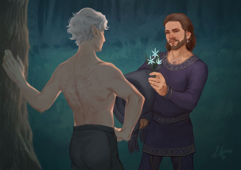 A nighttime scene reminiscent of Astarion's act 1 romance. Astarion, shirtless and prepared for a night of seduction is stopped in his routine by Gale showing up with flowers and a blanket, ready to properly romance the vampire instead. 