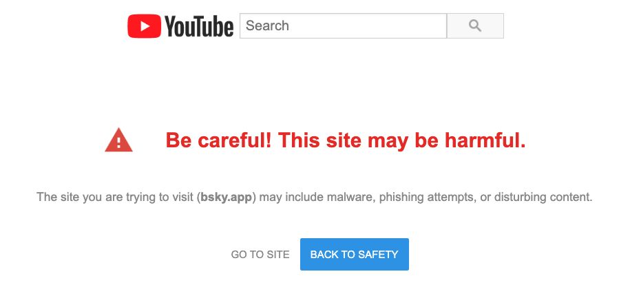 Youtube warning that bsky may be harmful.