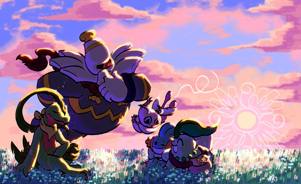 A drawing of hero (Anna the mudkip), partner (Soda the chikorita), groyvle, dusknoir, and celebi from pokemon mystery dungeon: explorers of sky. They are all sitting in a grassy field, chatting happily. The sun is rising, and yet they are still here, despite having stayed up all night talking. They are enveloped in a bright, soft yellow and pink lighting. The sun off to the right has the relic fragment pattern on top of it, slightly transparent. Anna and Grovyle are looking tired, but are still content, while the other three are chatting and smiling.