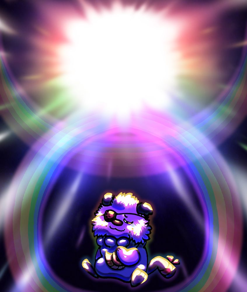 A drawing depicting Mal the oshawott, a pokemon oc from pokemon mystery dungeon: gates to infinity. He is sitting in a black void, with a large, bright light shining down onto him with various colors. The rainbows of hope surround him. Mal has a happy, hopeful expression.  A single tear has formed in the corner of his left eye. Mal has unkempt, scruffy fur, and an eye patch covers his right eye.