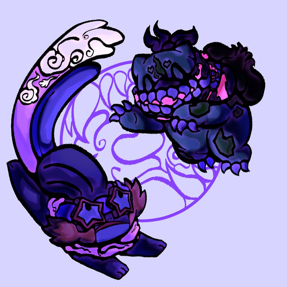A drawing depicting the hero and partner from pokemon blue rescue team. They are floating around in a circle, with the mudkip hero in the lower-left part and the bulbasaur partner in the upper-right part. The mudkip is wearing star-shaped goggles and a long scarf with a wind-like pattern at the end. The scarf glows a bright purple. She is looking up at the bulbasaur with a sort of neutral expression. The bulbasaur is wearing a bandana around her mouth, with a pattern on the bandana depicting a wide mouth with sharp teeth. The inside of the mouth glows a bright pink. She is also wearing a small bag around her neck that depicts a mouth pattern similar to the bandana. The teeth are located on the front of the flap, and a pattern depicting blood is flowing down the bag. The blood pattern and the bag strap are also glowing a bright pink. The bulbasaur has happy, closed eyes. Aside from the glow, both of them are cast in dark blue shading. A pale blue bg with the team logo is shown.