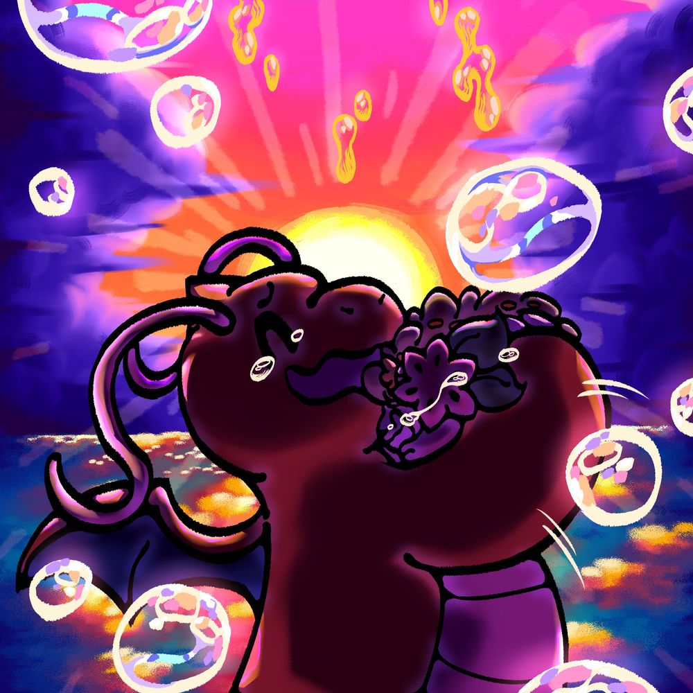 A drawing of Beast the dragonite and Sakura the land forme shaymin from beastnunicorn's pmd randomizer playthrough. It depicts the last scene of the main story of EoS, where Beast is brought back to the present from non-existence by Dialga and is reunited with Sakura. Beast is shown scooping up the little shaymin in her arms while the two of them cry happily. The background shows the sunset at the beach in EoS with bubbles floating around. Golden light appears to be drifting off from Beast.