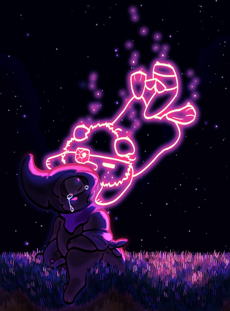 A drawing of Seresa the axew and Mal the oshawott, ocs from pokemon mystery dungeon: gates to infinity. Seresa is sitting at the edge of a grassy cliff, looking up at a glowing, pink apparition of Mal. Seresa's expression looks solemn and sad as he sheds tears, with the apparition diving down to hug his face. It is night with a clear sky full of stars behind the two as the cliff and Seresa is covered in bright pink light from the apparition.