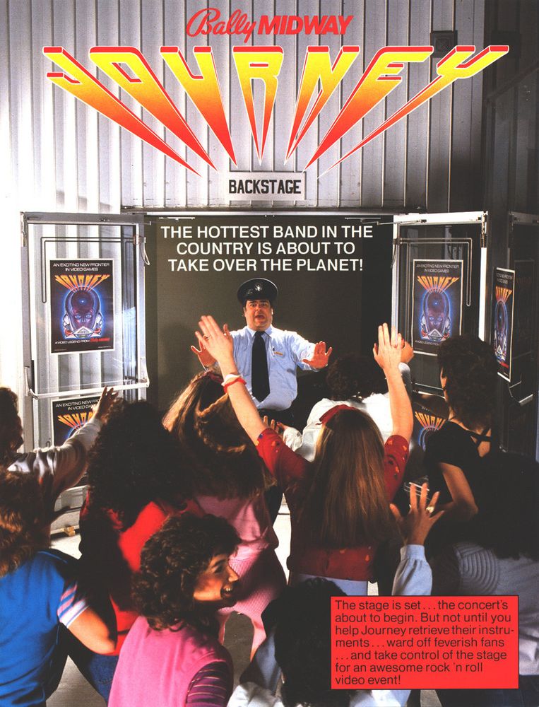 Journey arcade flyer featuring fans rushing towards a security guard at a concert