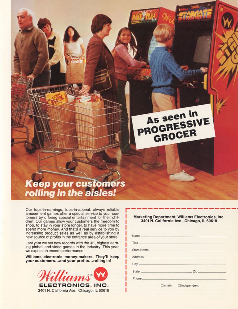 Arcade flyer for Williams with the tagline "as seen in Progressive Grocer"