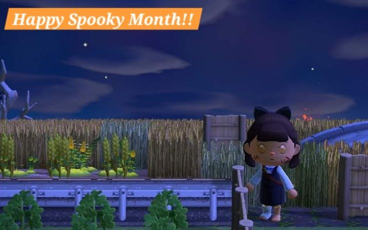 ACNH avatar in front of a wheat field and a dark sky