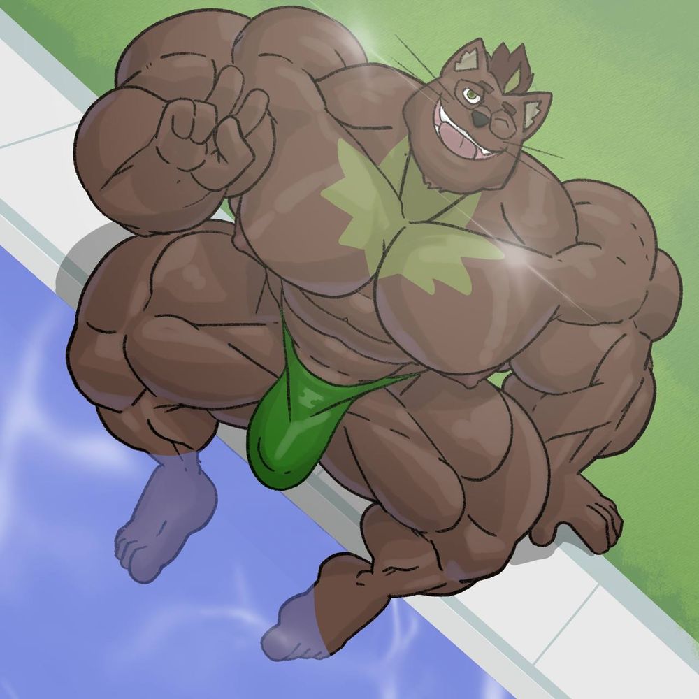 Basil sitting at the edge of the pool in a green speedo, winking and grinning at the camera while making a peace sign with his right hand. His feet are dipped in the water, and hypermuscular body on display in the hot sun.