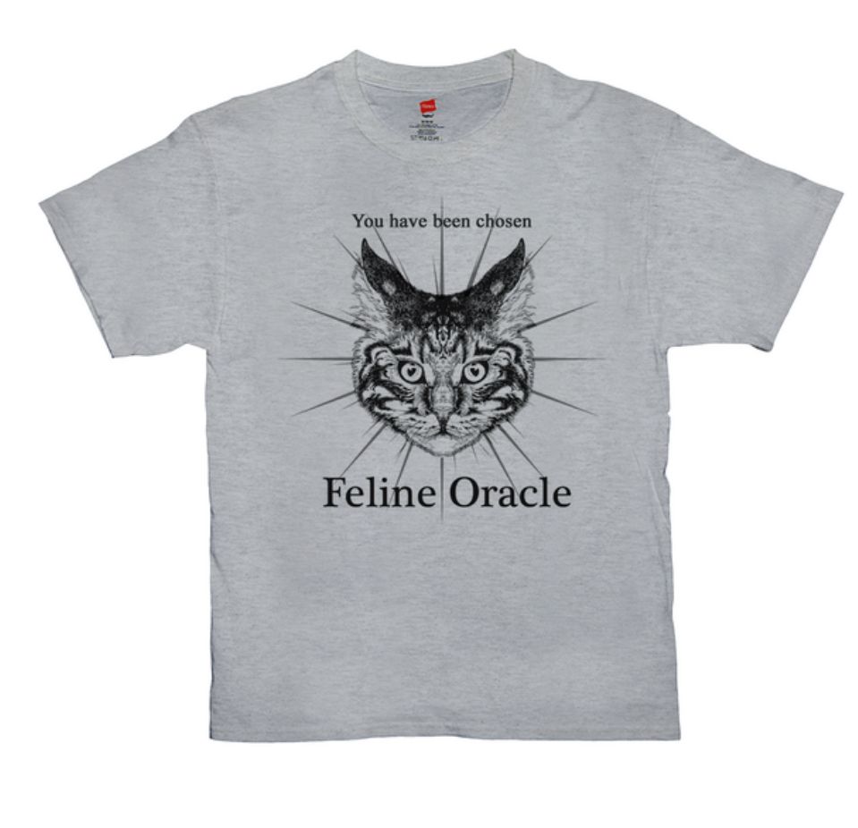 A tshirt with a drawing of a cat head. Above and below the drawing are the words “you have been chosen. Feline Oracle.”