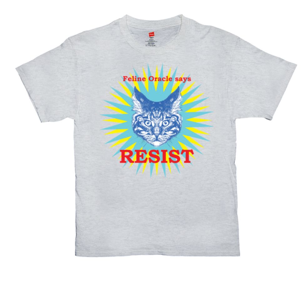 A tshirt with a drawing of a cat head. Above and below the drawing are the words “Feline Oracle says RESIST” 