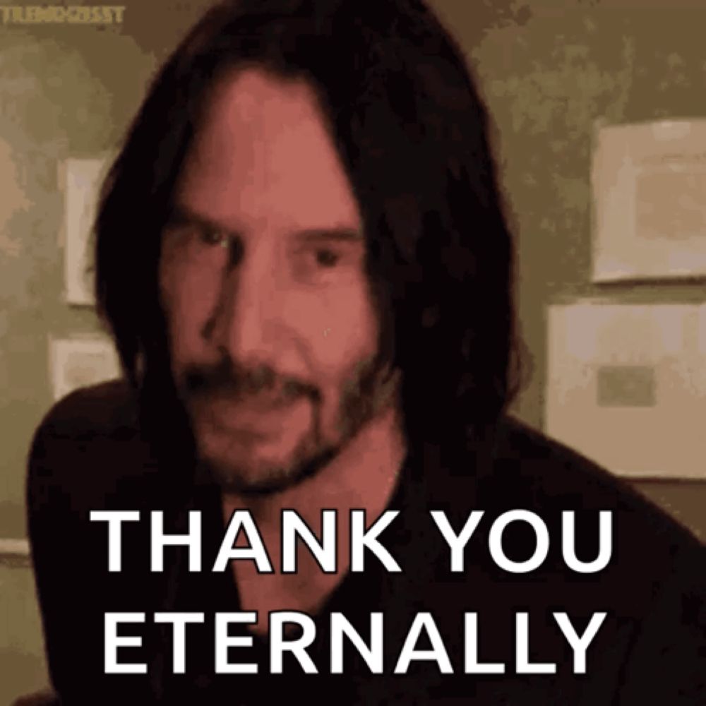 a man with long hair and a beard is saying " thank you eternally "