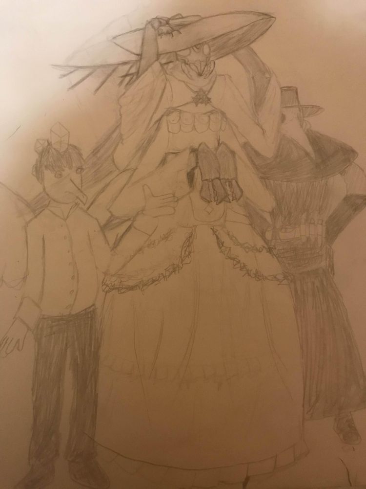 Sketches of three characters from an old D&D game that my sister ran: a poorly depicted bird man with crystals in his hair, a less poorly depicted 7ft lady shaped bug in a very fashionable dress and hat, and an especially confident plague doctor.