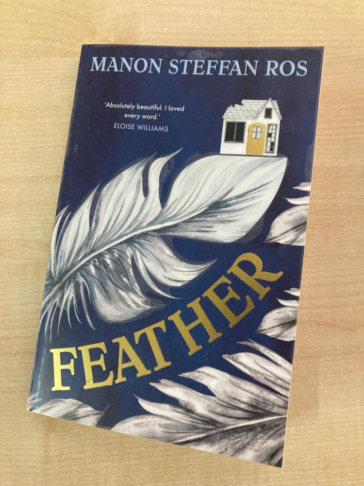 Cover of middle grade book Feather by Manon Steffan Ros. Dark blue cover with image of a large white feather, a small simple house & the title in gold lettering. (Designer unknown - apologies, I don’t have the book to hand.)
