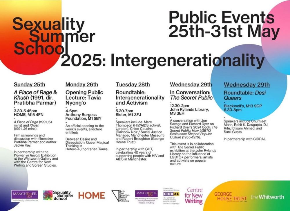 Promotional image for the Sexuality Summer School with event listings on a background of brightly coloured circles